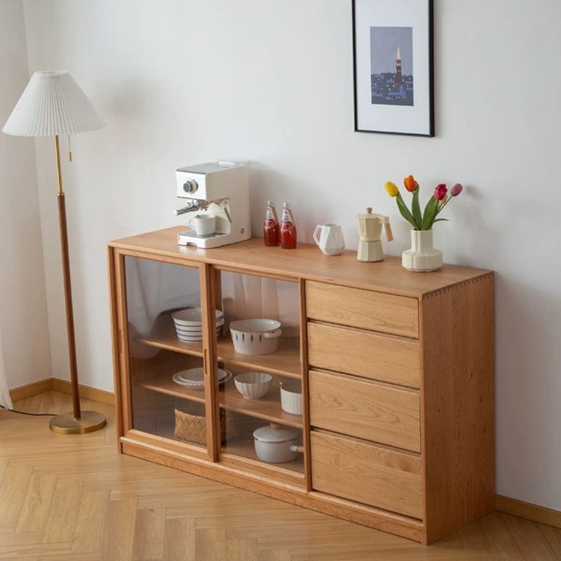 Modern Brown Glass Doors Sideboard Solid Wood Buffet Table with 4 Drawers