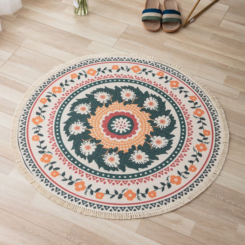 Distinctive Moroccan Round Rug Victoria Floral Printed Area Rug with Fringe Cotton Blend Washable Carpet for Home Decor