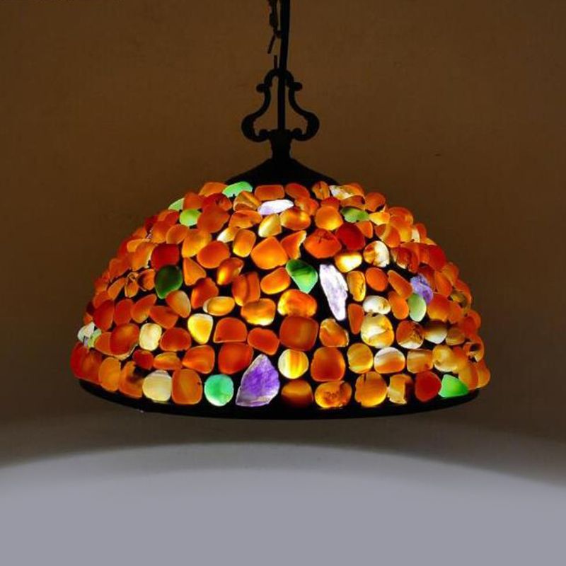 1 Light Dome Hanging Light Fixture Mediterranean Black Colorful Stone Suspension Pendant