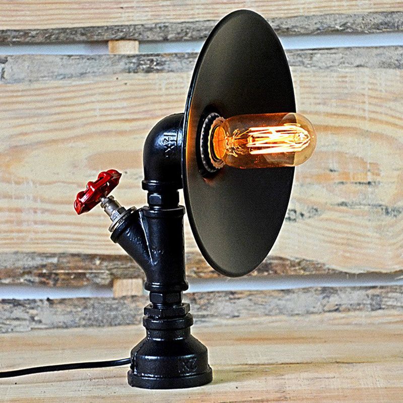 Industrial Flared Shade Night Lamp 1-Bulb Iron Table Light in Black with Decorative Red Valve