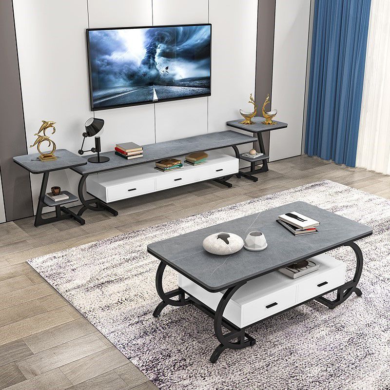 Glam Slate Top TV Media Console 3 Drawers Metallic Stand Console