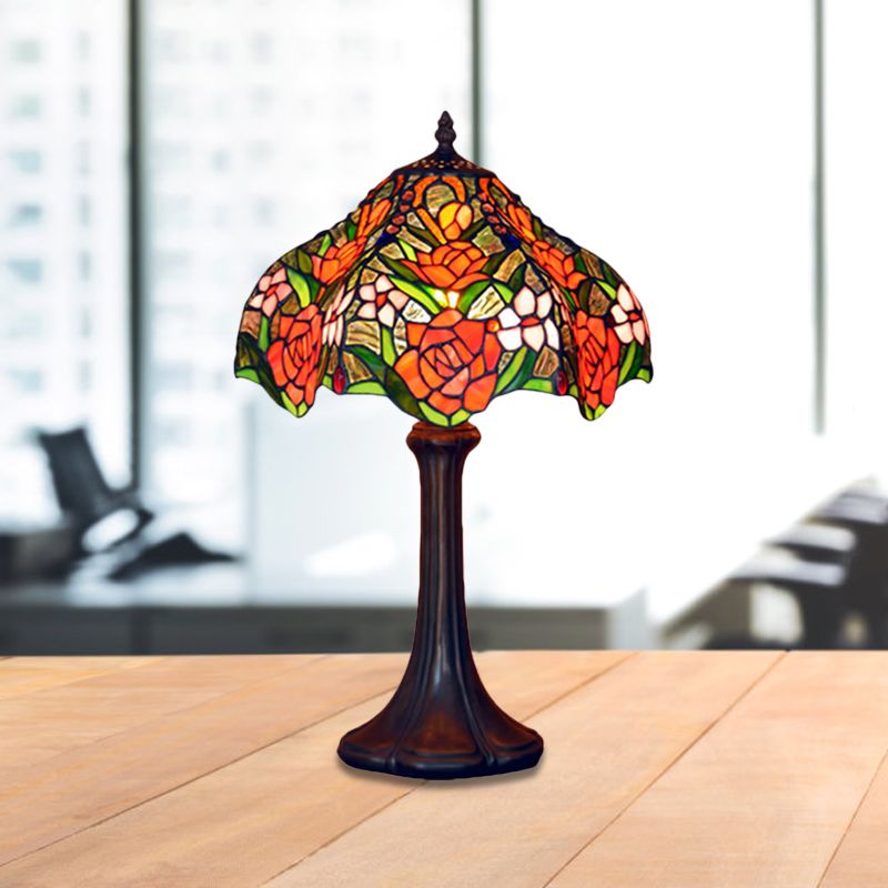 Ridged Shade Night Light Tiffany Stained Rose Patterned Glass Single Coffee Table Lamp