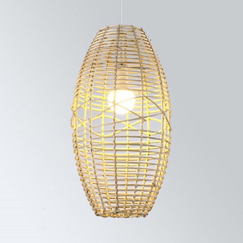 Beige/Brown Ellipse Hanging Pendant Rustic Woven Rattan 1-Light Suspended Lamp for Restaurant Cafe