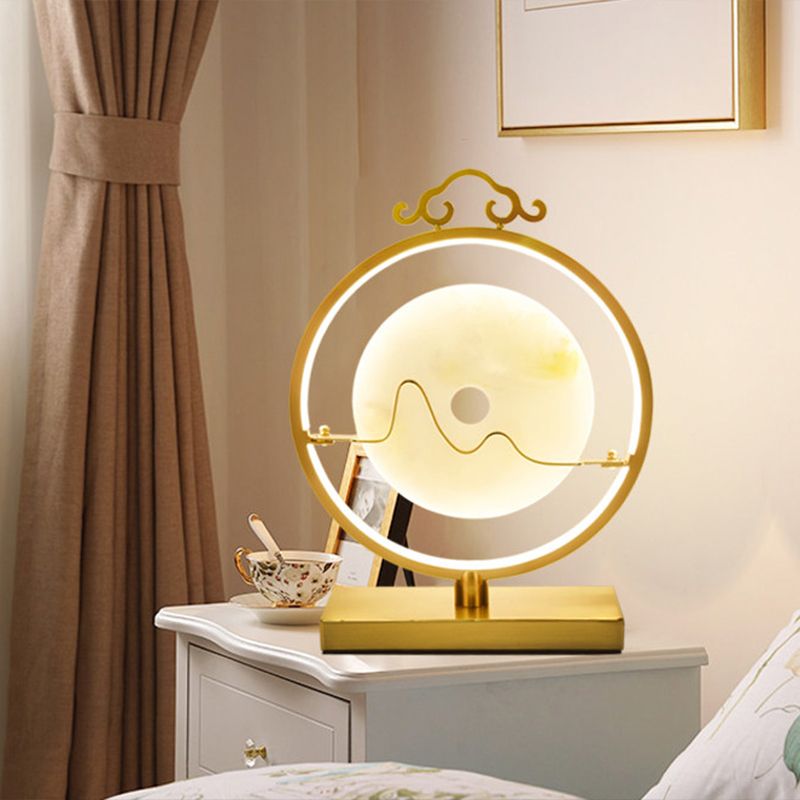 Loop Night Table Lamp Simple Metal 11"/12" W LED Bedroom Night Lighting in Brass with Round Jade Deco