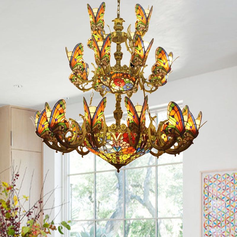 Multi-Colored Butterfly Chandelier with Flower Tiffany Exquisite Glass Pendant Light for Living Room