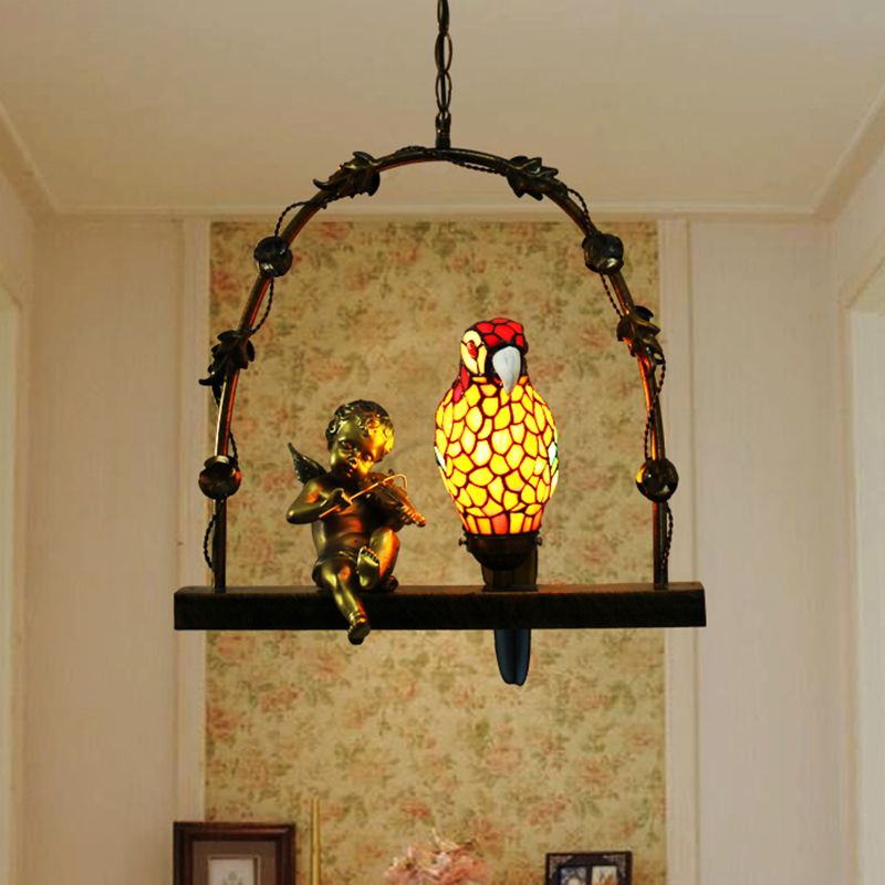 Wrought Iron Pendant Light in Tiffany Artistic Style Parrot Glass Ceiling Light for Corridor