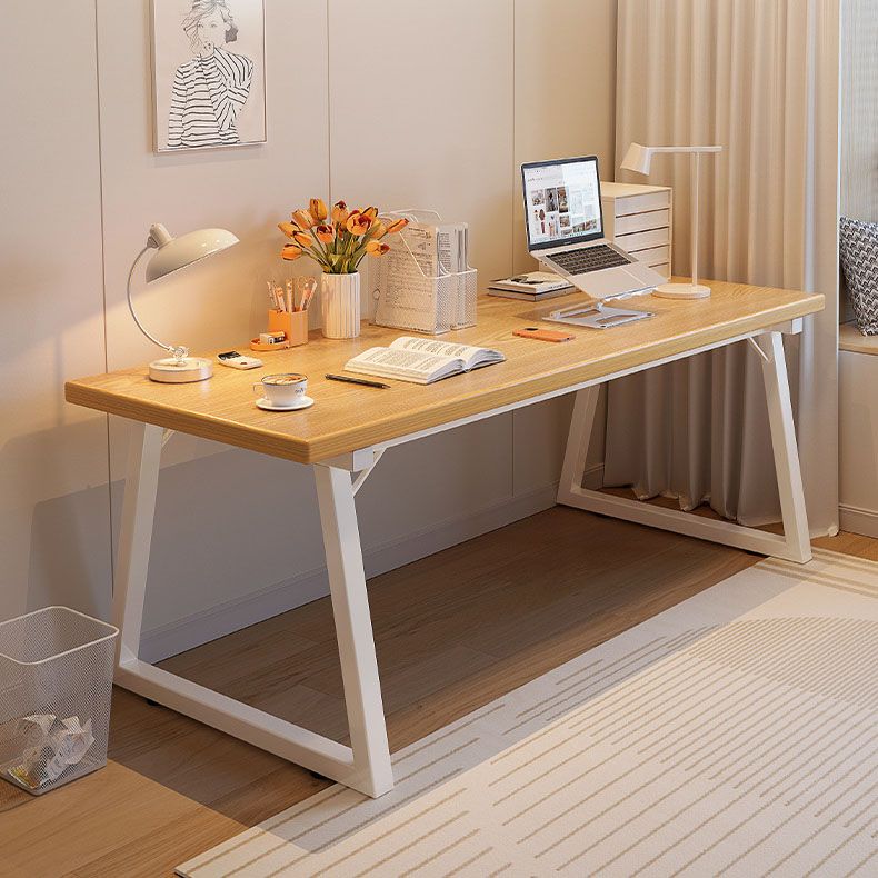 Contemporary Writing Desk in Brown/natural Solid Wood and Metal Base