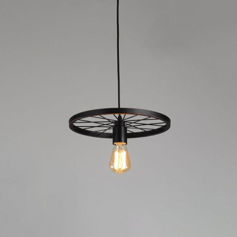 Wagon Wheel Industrial Style Hanging Light Retro Wrought Iron Pendant in Black