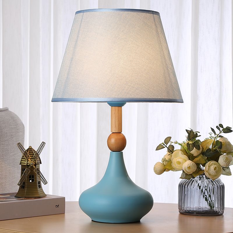 Barrel Task Lighting Macaron Fabric 1 Head Grey/Pink/Blue Night Table Light with Metallic Vase Base