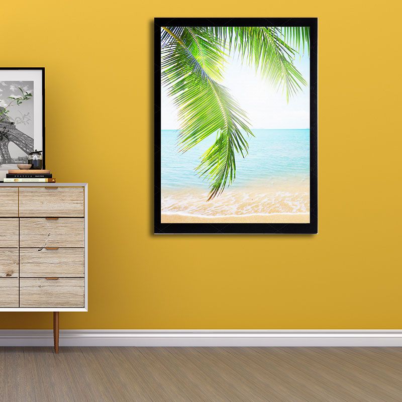 Tropics Palm Tree Branches Canvas Print Green and Blue Beach Seascape Wall Art