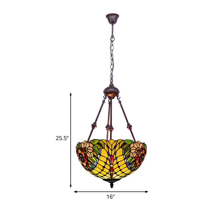 2 Lights Flower Bush Chandelier Lamp Tiffany Stylish Red/Yellow/Purple Stained Glass Pendant Light