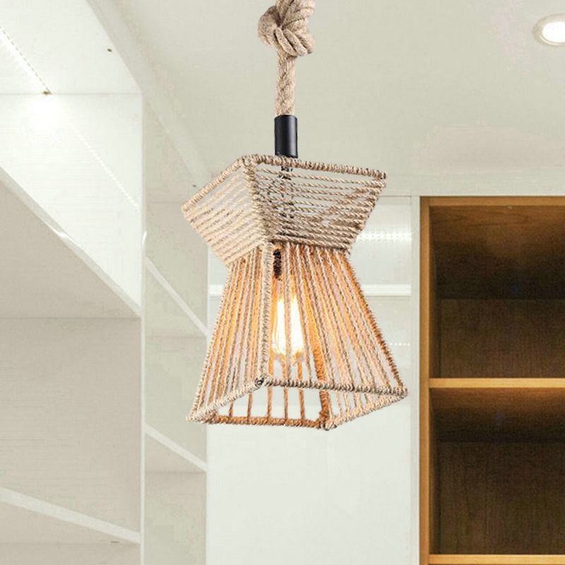 8"/15" Wide Beige 1-Bulb Ceiling Light Farmhouse Rope Onion/Hourglass Hanging Pendant Lamp for Coffee Shop