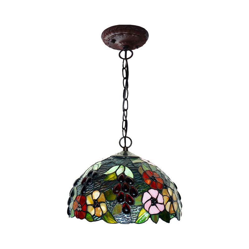 Domed Ceiling Chandelier 2 Lights Red/Green/Purple Stained Glass Tiffany Pendant Lighting Fixture