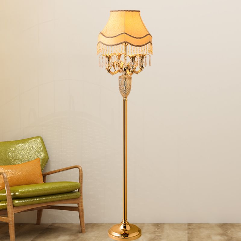 1-Head Candelabra Stand up Lamp Traditional Gold Crystal Spears Floor Reading Lamp with Beige Fabric Shade