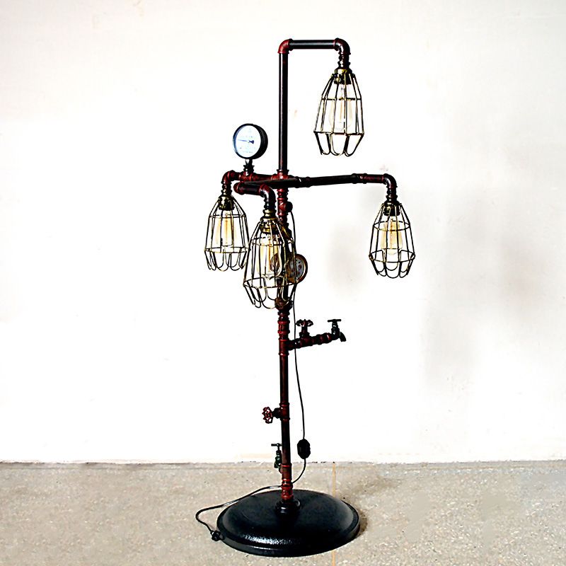 Metal Cage Shade Floor Lamp Steampunk 4 Bulbs Living Room Floor Lighting with Plug In Cord in Rust Finish