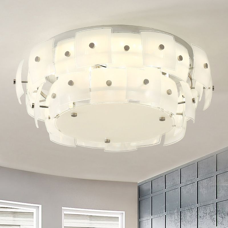 2-Tier Drum Flush Mount Lighting Modern White Glass Multi Lights Living Room Flush Ceiling Lamp Fixture