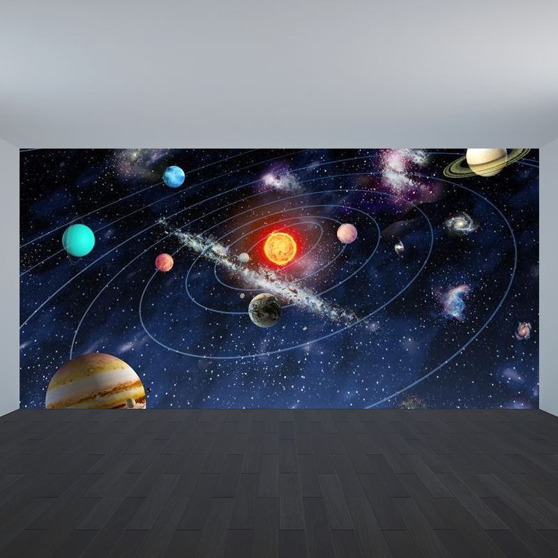 Kids Solar System Wall Mural Non-Woven Waterproof Dark Blue Wall Covering for Room