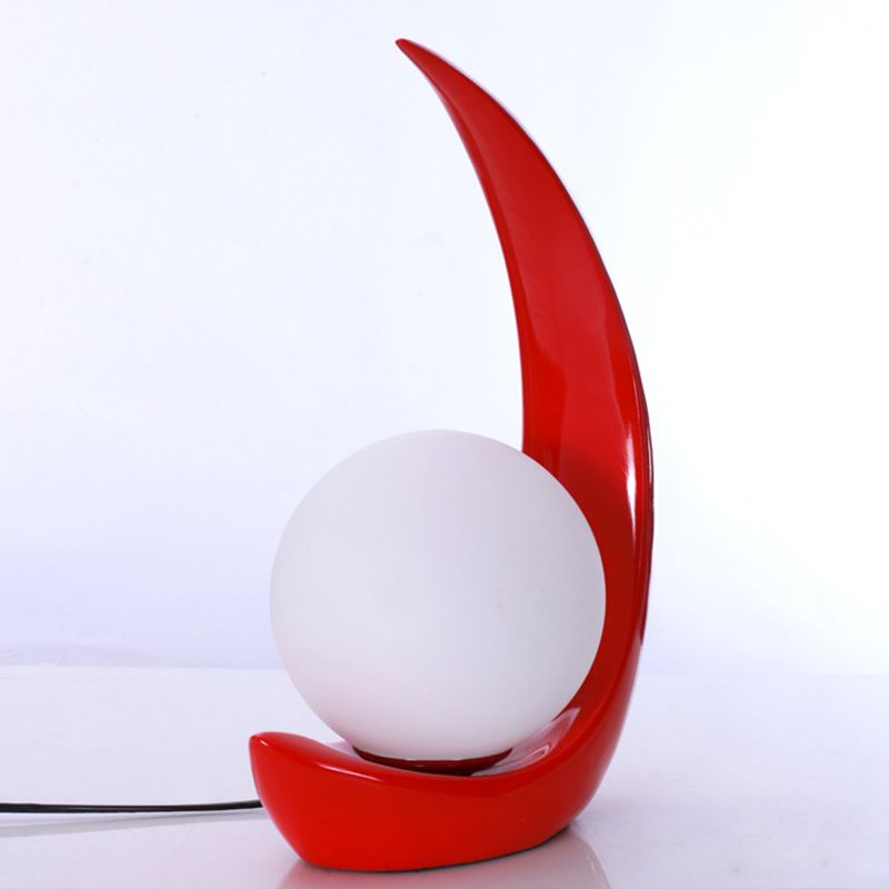 Moon Shape Nightstand Light Minimal Resin 1-Light Red Night Table Lamp with Orb Opal Glass Shade