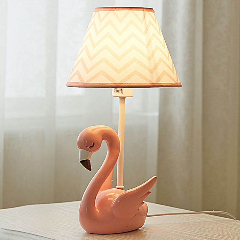 Cone Shade Bedroom Nightstand Lamp Fabric 1��Head Kid Table Lamp with Flamingo Base, Pink