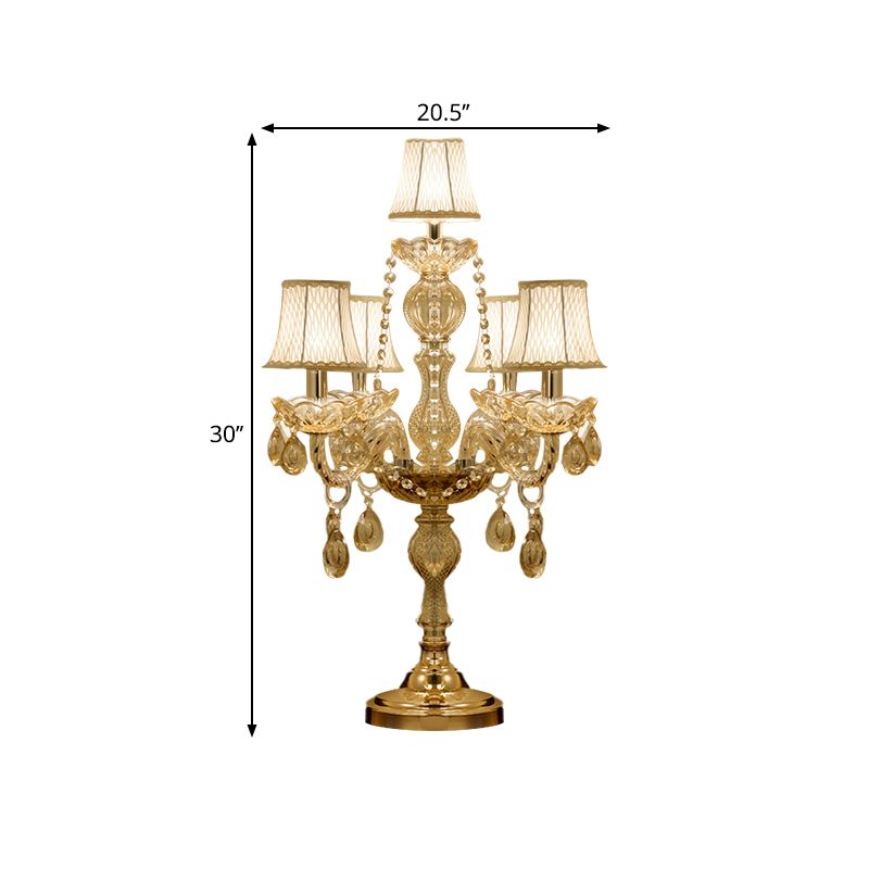 5/6 Heads Candelabra Table Light Traditional Gold Crystal Droplets Nightstand Lamp with/without White Bell Fabric Shade