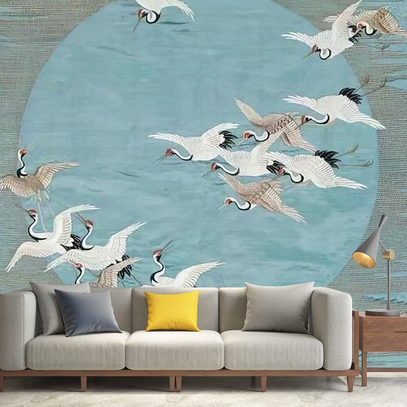 Asia Inspired Wild Crane Mural for Living Room, Custom-Printed Wall Art in Blue and Grey