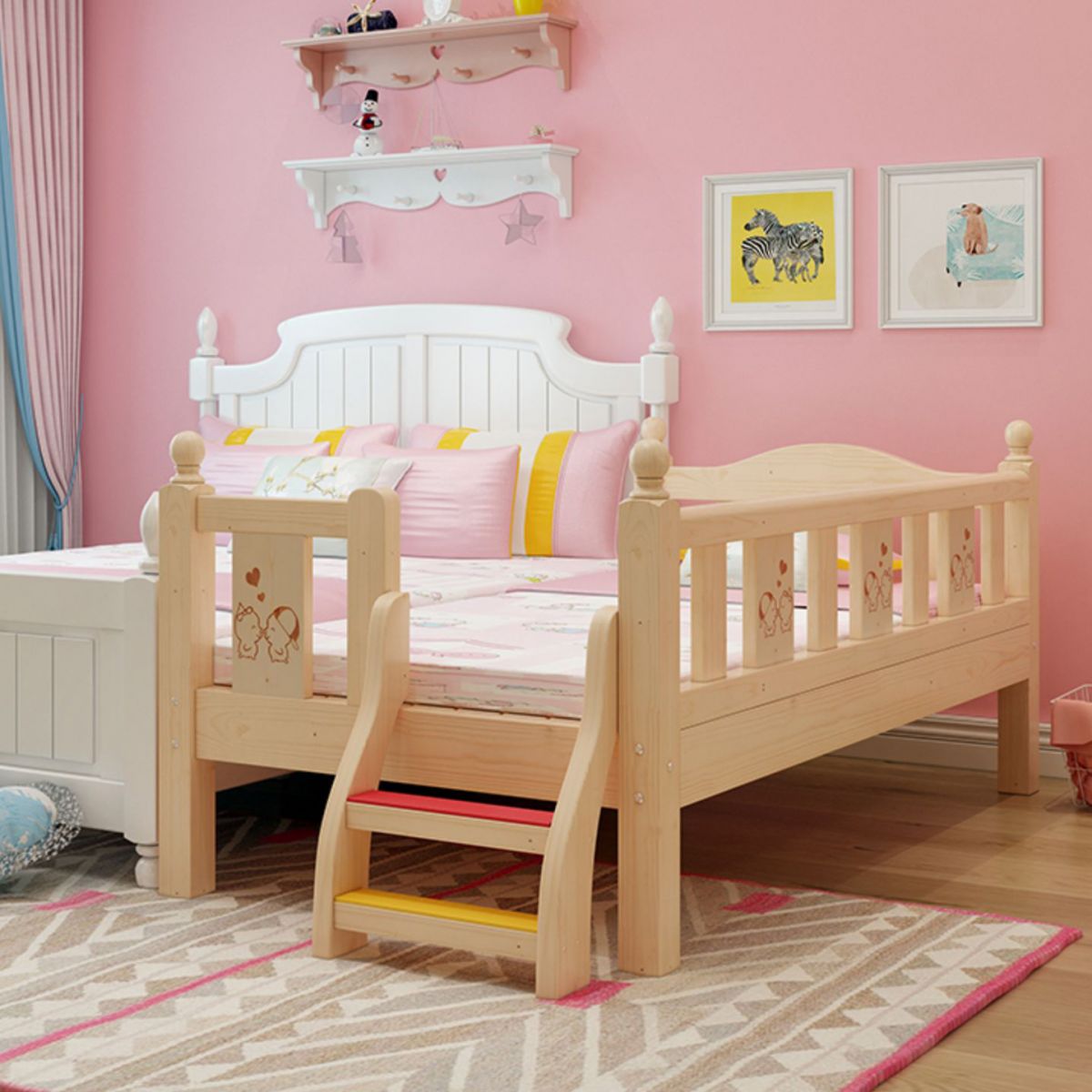 Traditional Style Solid Wood Baby Crib with Guardrail and Mattress
