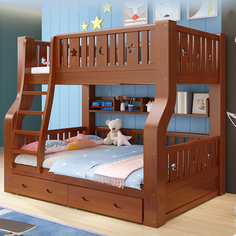 Scandinavian Brown Bunk Bed with Drawers and Shelves in Solid Wood