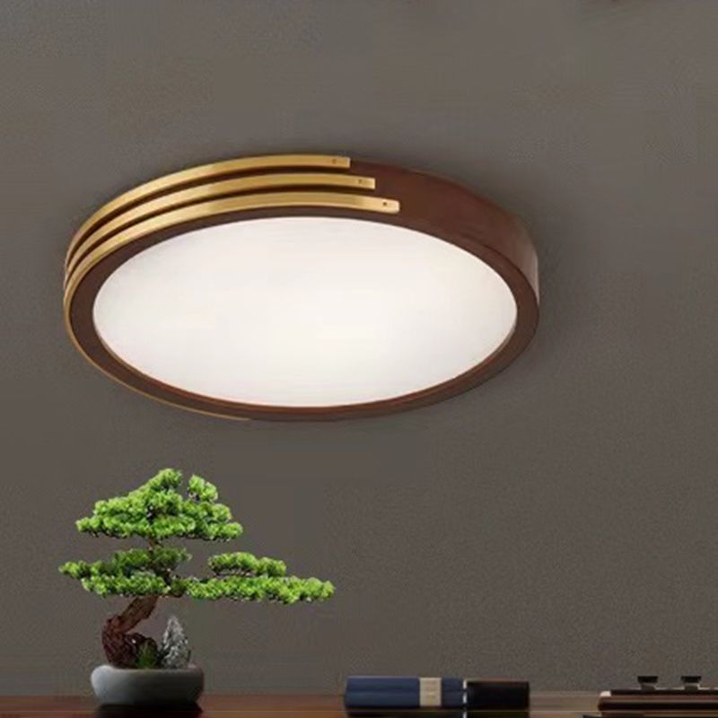 1-Light Round Flush Mount Modern Wood Flush Light in Brown for Bedroom