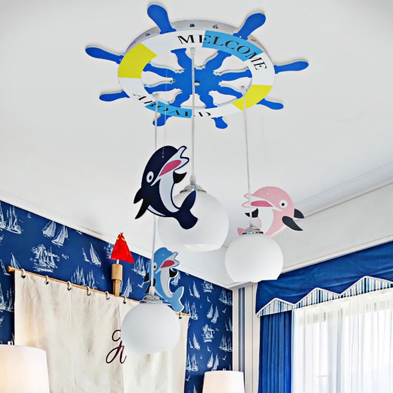 Opal Glass Ball Ceiling Lighting Cartoon 3 Bulbs Blue Pendant Lamp with Dolphin Deco and Rudder Shape Canopy