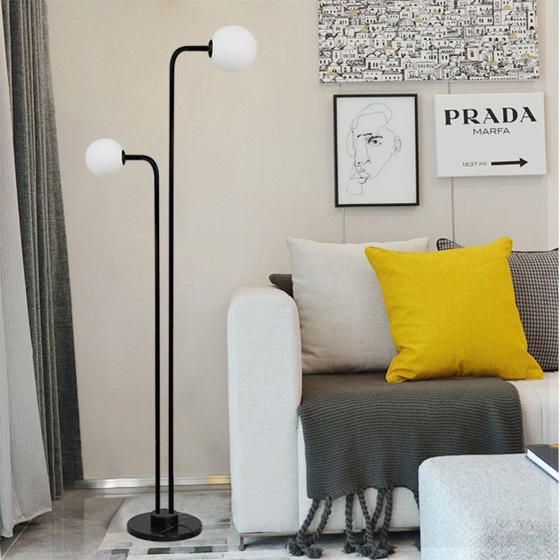 Black Ball-Shaped Standing Lamp Contemporary 2 Bulbs Glass Floor Light for Bedroom