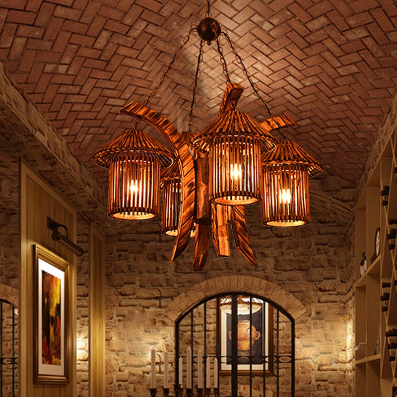 4 Lights Wood Chandelier Light Warehouse Brown Lantern Dining Room Hanging Pendant with Curved Arm