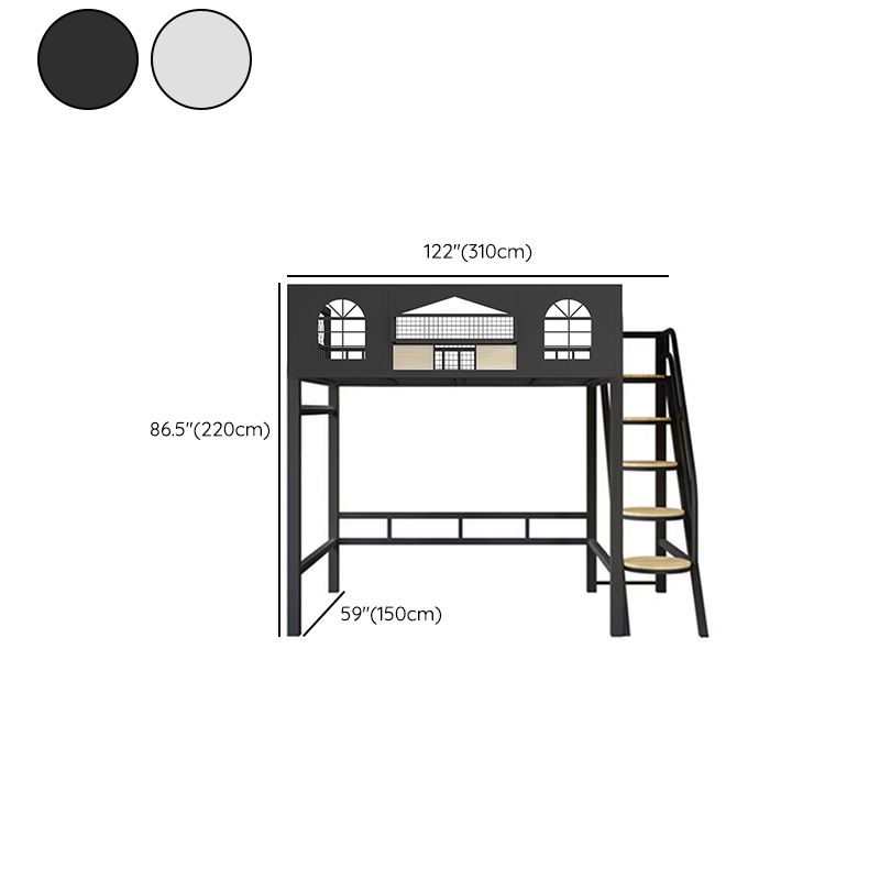 Contemporary Iron Frame Loft Bed with Guardrails and Staircase/Built-In Ladder