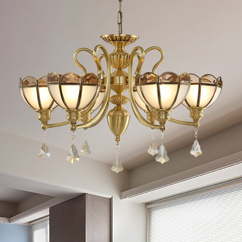 Bowl Frosted Glass Suspension Pendant Colonial 6 Bulbs Living Room Chandelier Lighting in Gold