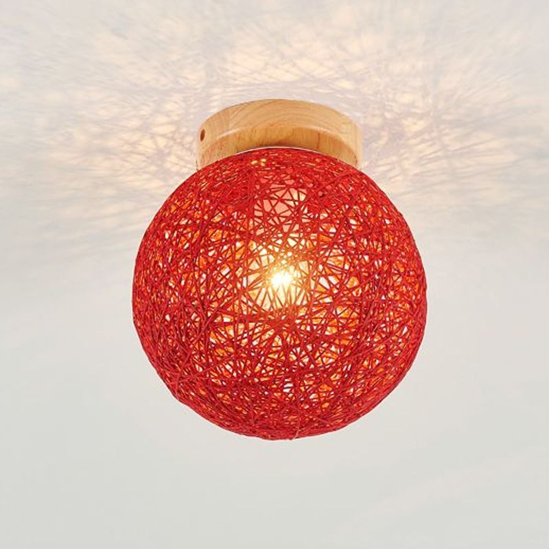 Ball Shape Ceiling Lamp Asian Style Rattan 1 Light Flush Mount for Aisle Corridor