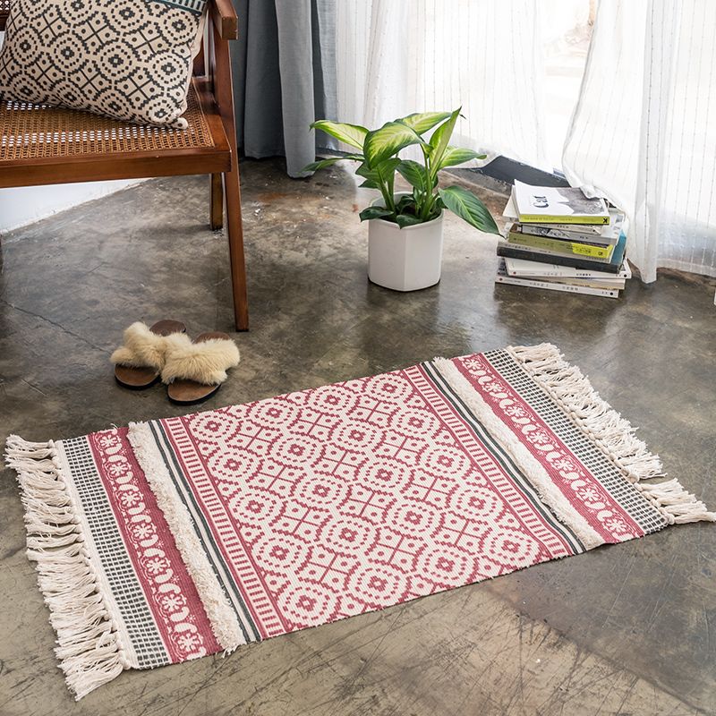 Boho-Chic Geometric Print Carpet Cotton Indoor Rug Fringe Pet Friendly Rug for Home Decoration