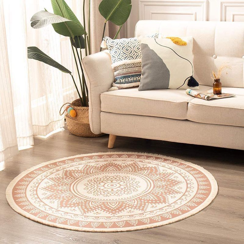 Simple Area Rug Tribal Print Round Carpet Washable Cotton Blend Rug with Fringe