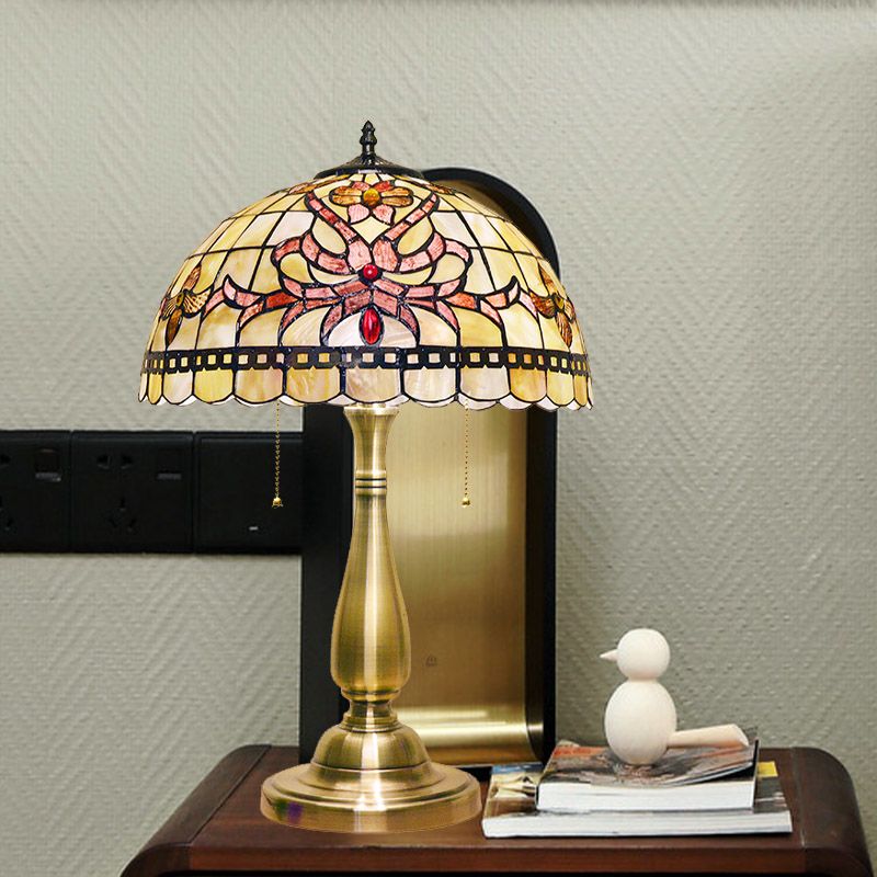 Grid-Trim Floral Table Light 2 Heads Shell Vintage Nightstand Lamp with Pulling Chain in Brushed Gold for Bedside