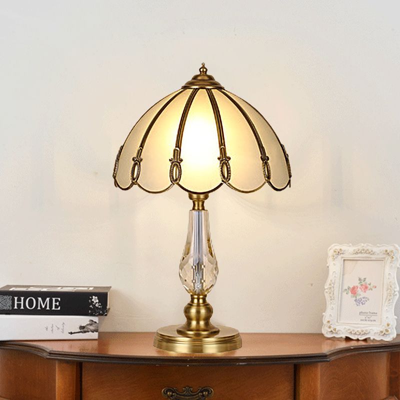 1 Bulb Night Table Lamp Vintage Scalloped Shade Beige/Frosted Glass Nightstand Light in Gold with Clear Crystal Accent