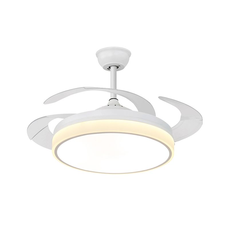 Circle Dining Room Fan Lamp Modern Metal LED 42" W White Semi Flush Mount Light Fixture with 4 Clear Blades, Remote Control/Frequency Conversion and Remote Control