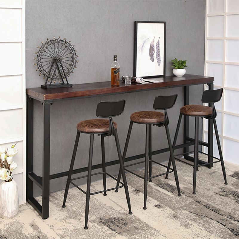 Pine Wood Bar Dining Table Brown Industrial Bar Table with Trestle Base in Black