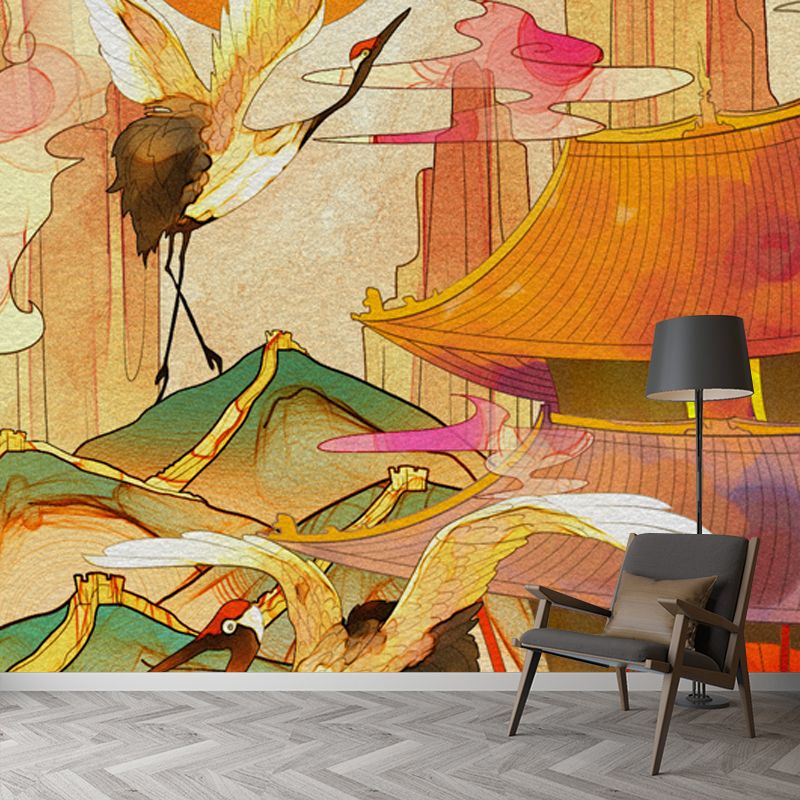Orange Chinoiserie Wall Paper Mural Large Halcyon and Temple Scenery Wall Decor for Bedroom