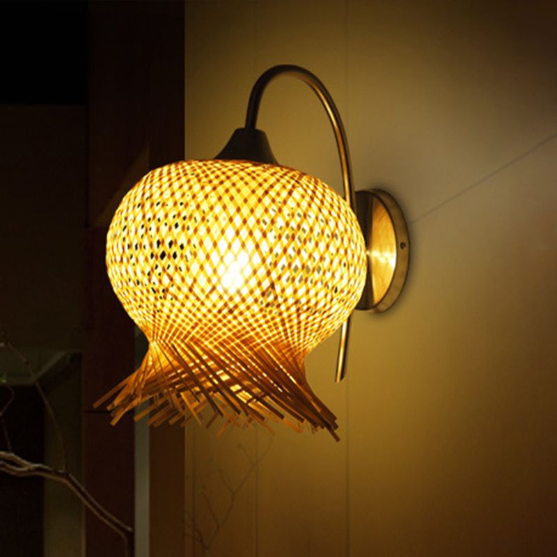 Bamboo Hand Woven Sconce Asia 1 lampe murale de tête à la tête en lin avec le bras en métal des bènes