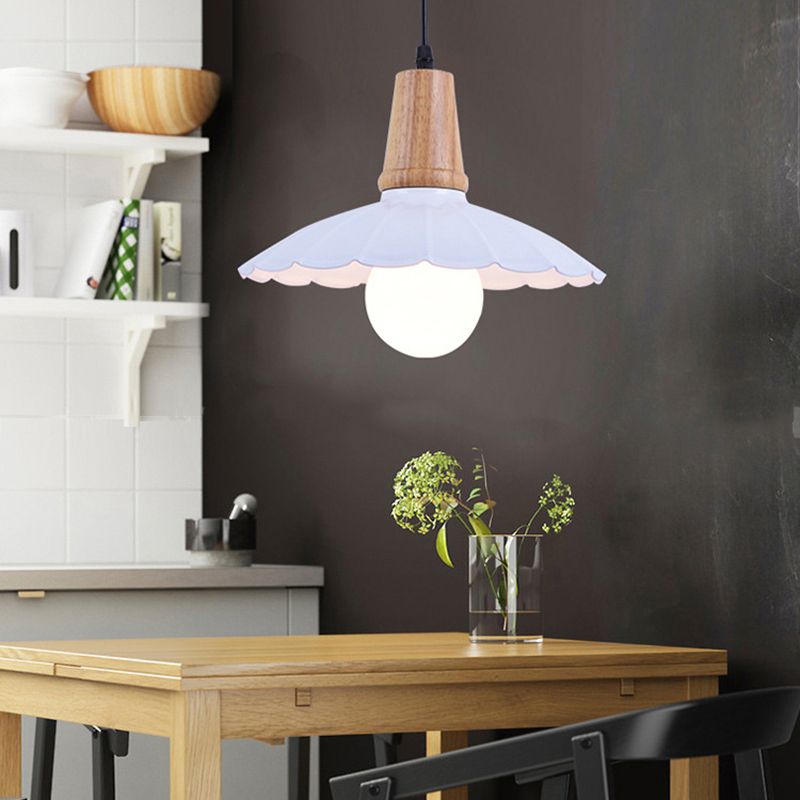 Scalloped Metal Hanging Light Fixture Industrial Single Head Bedroom Suspension Pendant with Wooden Cap in White/Black