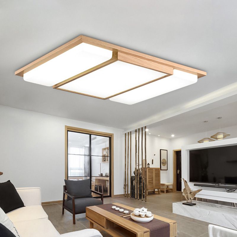 Rectangle Shaped Living Room Flush Light Wood Japanese LED Flush Ceiling Light Fixture