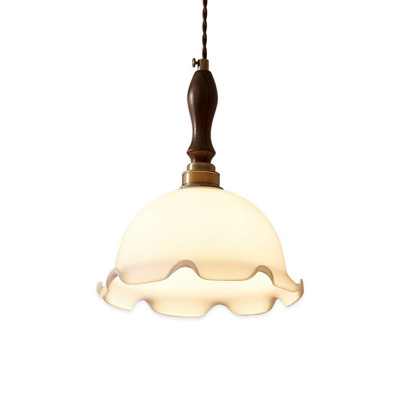 Ruffle Edge Cream Glass Suspension Lighting Retro Style 1 Head Dining Room Pendant Ceiling Light