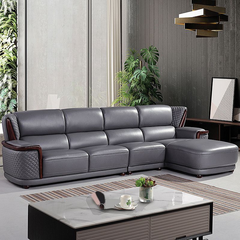 Genuine Leather Sectional Grey Cushion Back Sofa and Chaise for Living Room