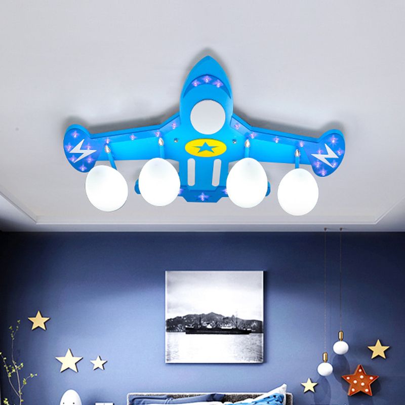 Opal Glass Egg-Like Semi Mount Lighting Cartoon 4 Heads Blue Ceiling Flush with Airplane Design