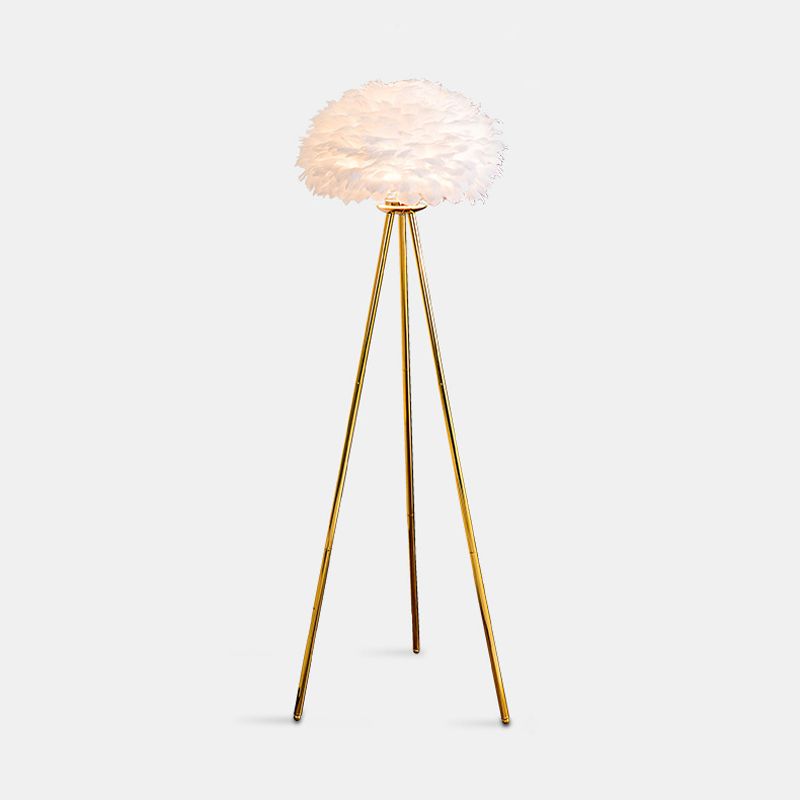 Dome Feather Floor Lamp Minimalist Single Grey/White/Pink Floor Light with Black/White/Gold Tripod for Bedroom