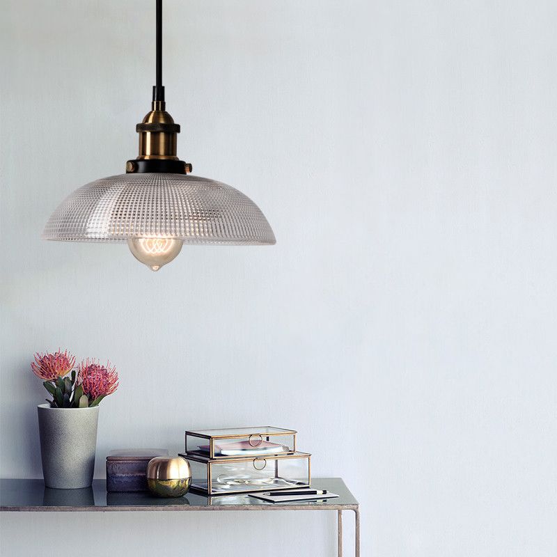 Grid Glass Brass Ceiling Light Bowl/Dome/Saucer Shade 1-Light Industrial Hanging Light Fixture for Kitchen