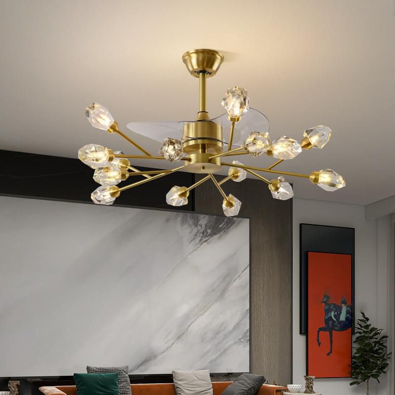 Solid Brass Ceiling Fan Chandelier Multi - Head Fan Light with Crystal Shade